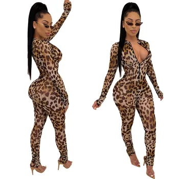 

Leopard Print Sexy Rompers Womens Jumpsuit Deep V Neck Full Sleeve One Piece Overall Vintage Female Front Zipper Party Playsuits
