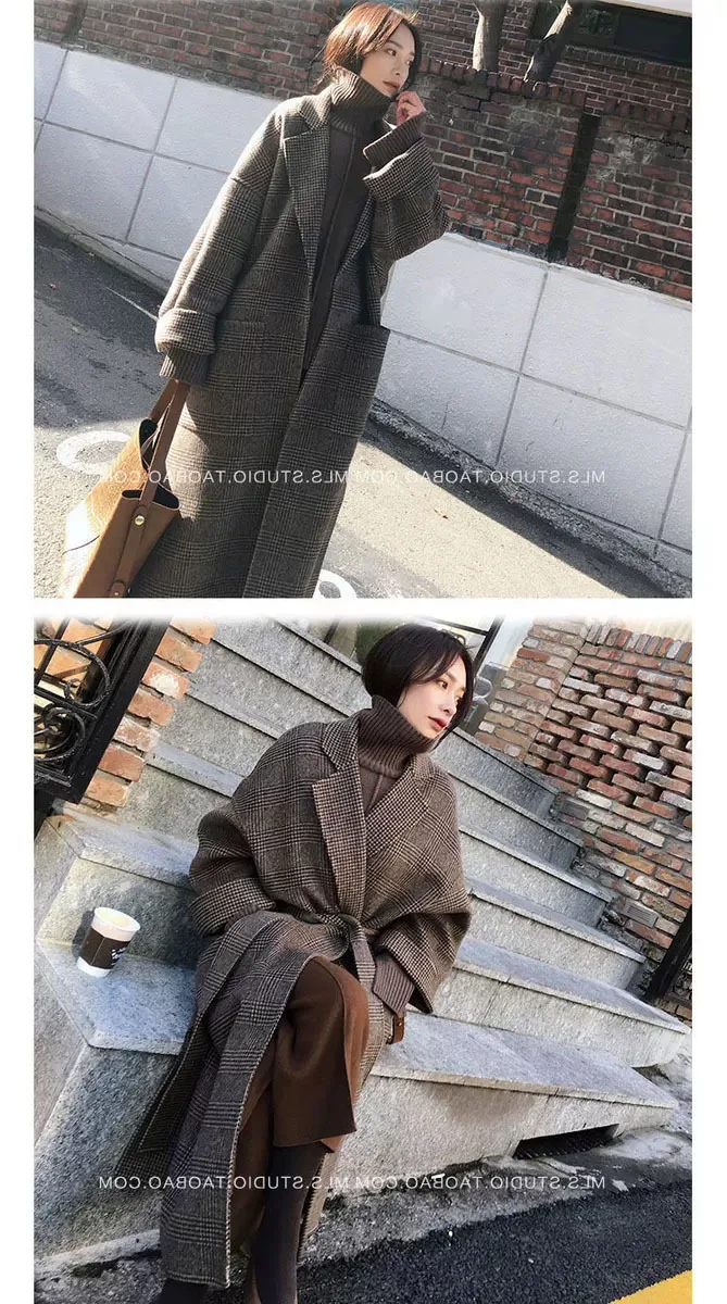 Женское шерстяное пальто в клетку, Женская куртка, Свободное длинное однобортное шерстяное пальто, зимнее пальто, шерстяное пальто