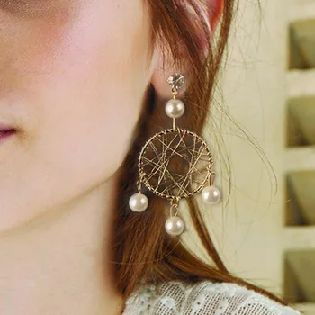 

2020 Brincos Brinco Aretes Ring Wire Mesh Dream Catching Net Pearl Geometry Earrings Fringed Water Drill Hand Hollow Popular