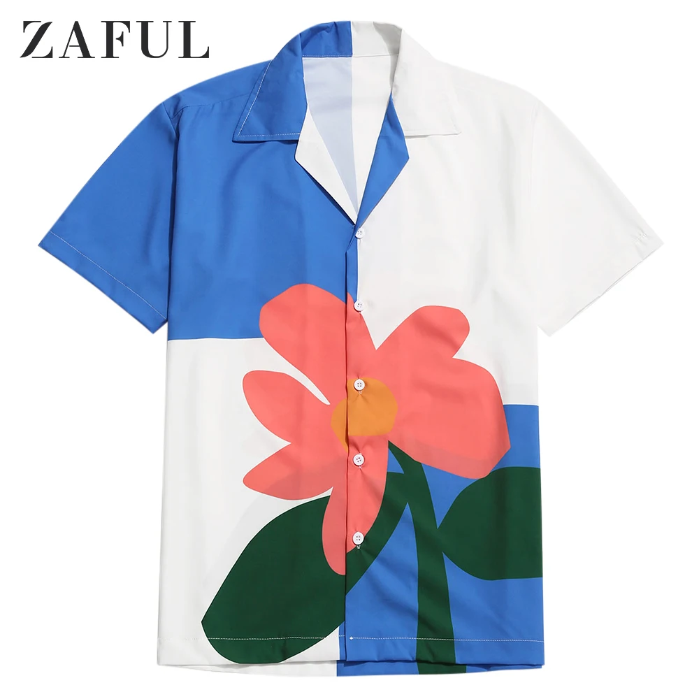 ZAFUL рубашка с цветным принтом, мужские Гавайские футболки, летние пляжные повседневные праздничные футболки с цветочным принтом на пуговицах, мужская повседневная рубашка