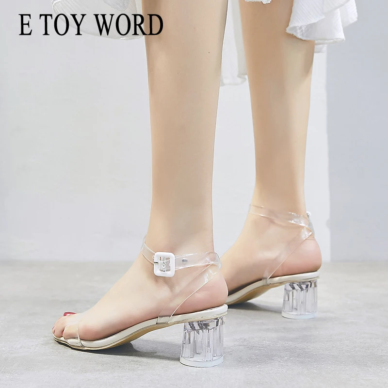 

E TOY WORD women sandals 2020 summer new tide simple wild word buckle with skirt Crystal high heels transparent women shoes
