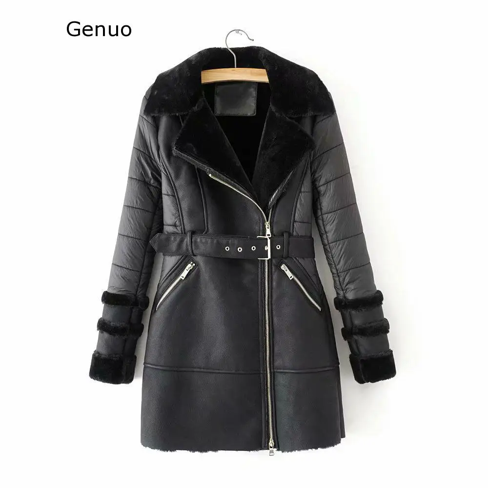 

Winter Fashion New Women Medium Long Lamb Wool Lining Patchwork PU Leather Jacket 2019 Ladies Loose Punk Black Leather Jacket
