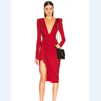 

Winter Women Deep V Neck Long Sleeve Knee Length Red Bandage Dress 2019 Fashion Elegant Female Celebrate Christmas Party Dress