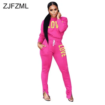 

Love Letter Print Sexy Two Piece Outfit Women Clothes O Neck Long Sleeve Top And Drawstring Skinny Pant Fall Winter Sweatsuits