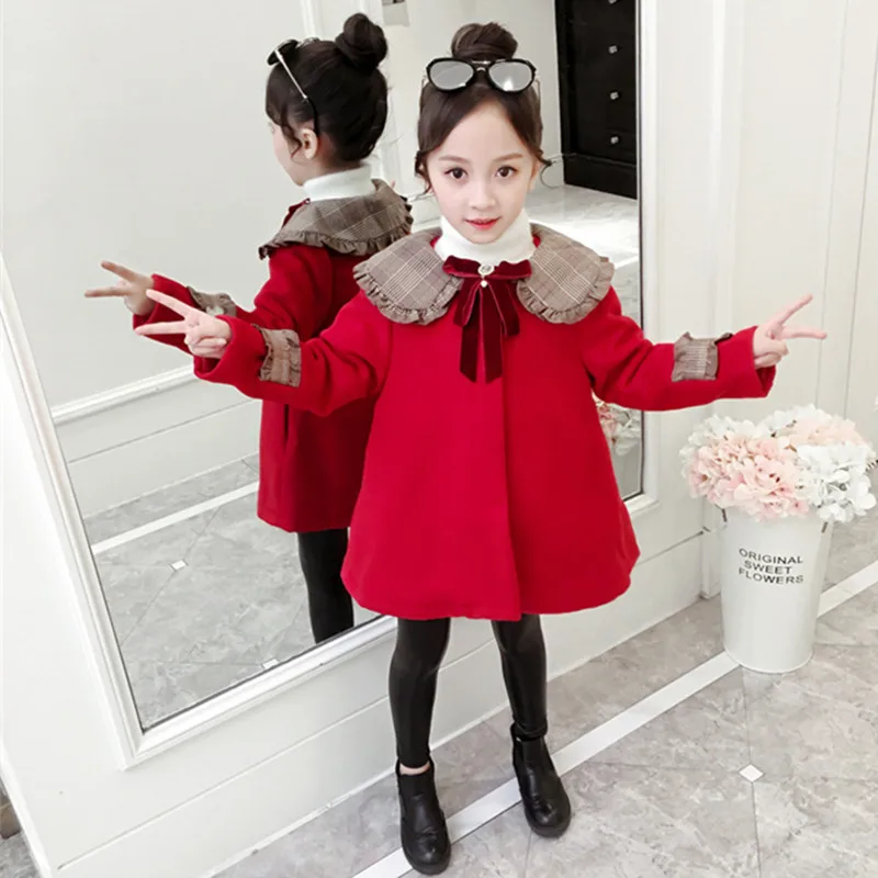 

Autumn Winter 2019 Teenager Girl Woolen Coat Fashion Plaid Turn Down Collar Red Thicken Princess Outwear 3-12Yrs Girls Clothes
