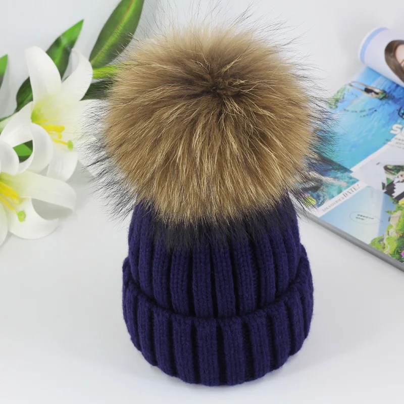 Winter Brand Female Fur Pom Poms hat Winter Hat For Women Girl 's Hat Knitted Beanies Cap Hat Thick Women Skullies Beanies - Цвет: dark blue