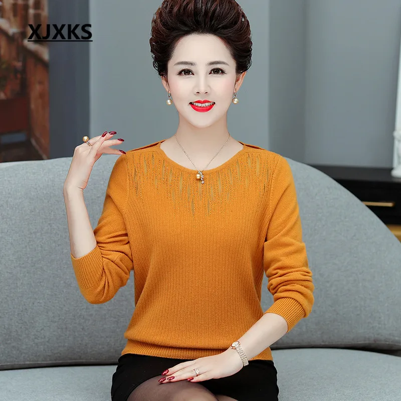 XJXKS All-match exquisite diamond women sweater autumn winter new plus size wool knitted sweater women pullover - Цвет: Оранжевый