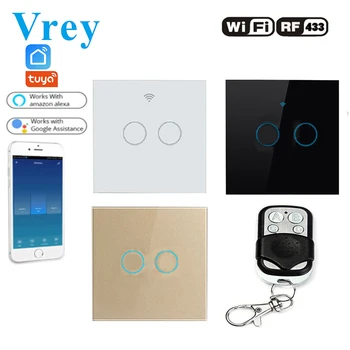 

Vrey EU Smart Touch Switch 2 Gang Wall Light Touch Switch With Mini Remote Controller Work Voice-Control Alexa Echo/Google Home