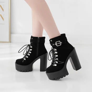 

cowgirl boots for Womens Ankle Boots Strap Block Heel Shoes black short boots Prom Shoes Platform punk boots mid heel YMA945-1