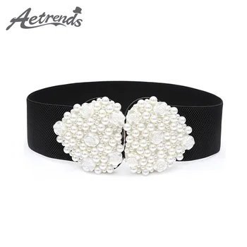 

[AETRENDS] Women Artificial Pearl Wide Elastic Stretched Waist Cinch Belt Cummerbund Waistband Belts D-0115