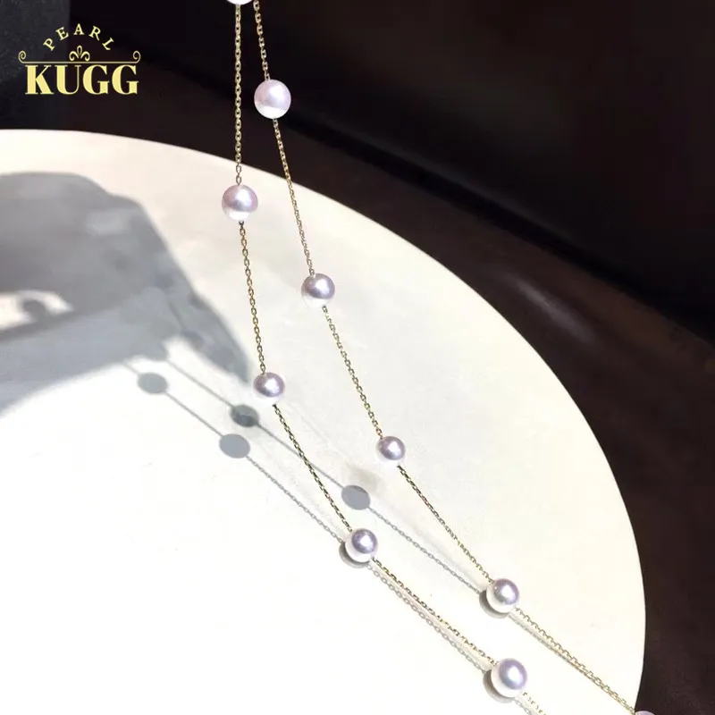 KUGG PEARL 18K Yellow Gold Necklace 6-7mm Natural Akoya Pearl Chain Women Engagement Necklace Birthday Gift Fashion Lady Design