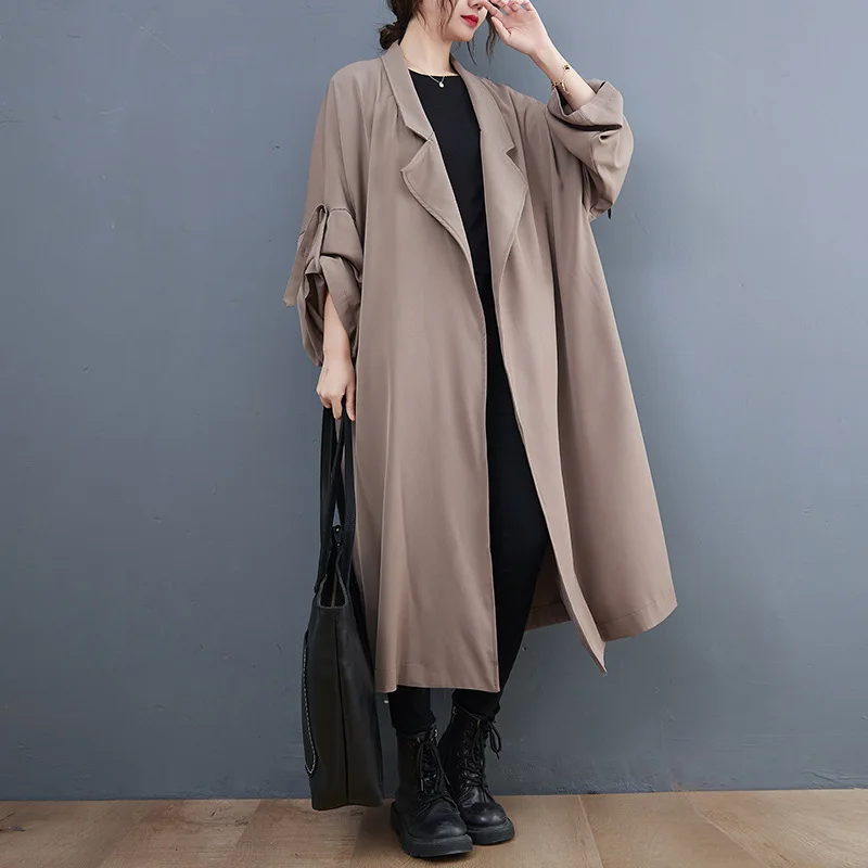 SuperAen 2022 Spring Autumn Fashion Notched Solid Plus Size Windbreaker Coat Long Slim Loose Jackets |
