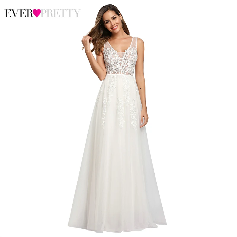 Иллюзия Свадебные платья Ever Pretty Appliques A-Line с двойным v-образным вырезом без рукавов сексуальный пляжный стиль Формальные платья невесты Trouwjurk