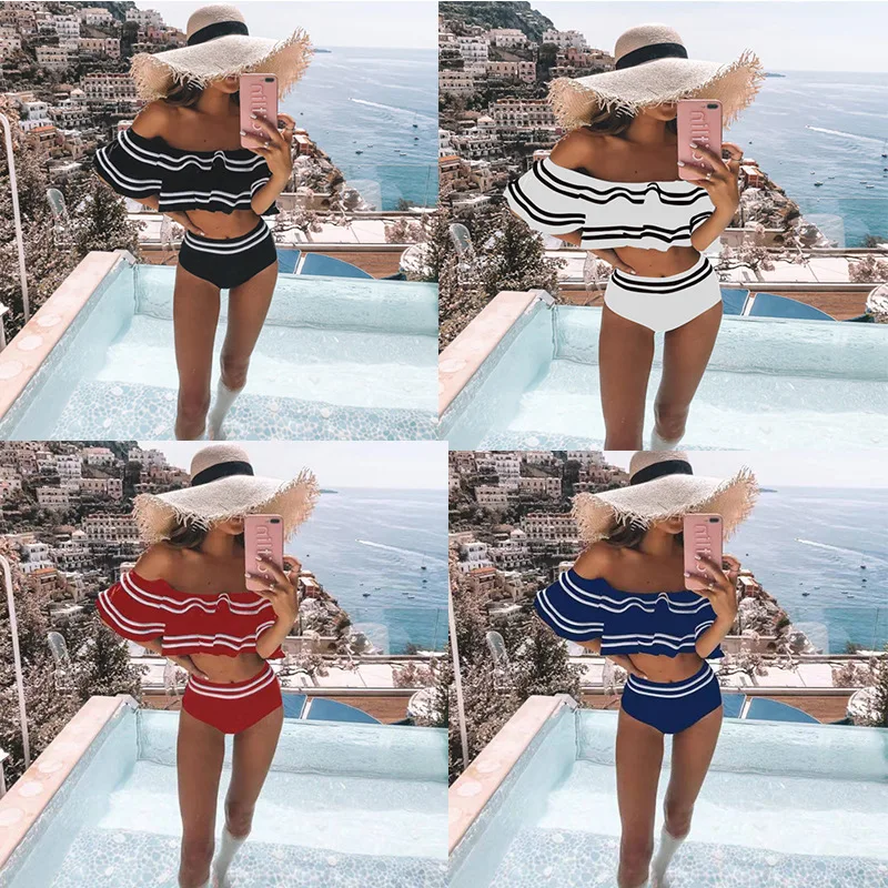 

Off-Shoulder Ruffles Strapless Bra Hot Spring Sexy Swimsuit Bikini Women Split 2020 New Style Striped 2 Piece Set Women