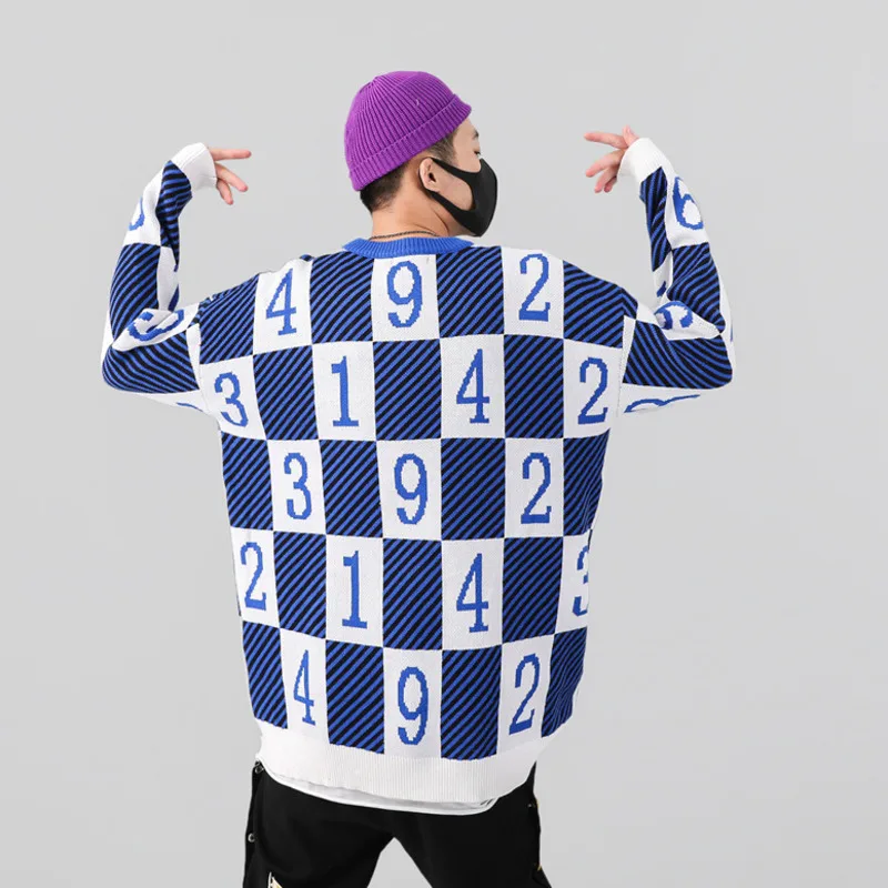 #1552 Autumn Winter Plaid Harajuku Hip Hop Sweater For Men Pullover Streetwear Knitwear Man NO. Pattern Sweater Mens Jumpers