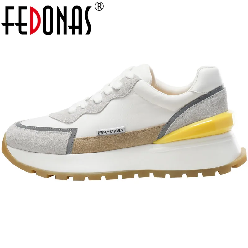Women Sneakers Platform Sport-Shoes FEDONAS Genuine-Leather Mixed-Colors Luminous Running
