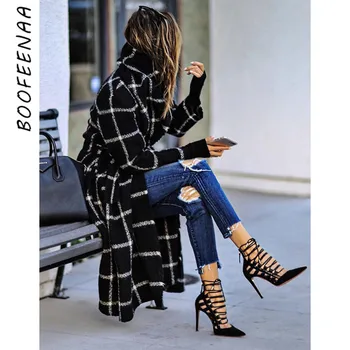 

BOOFEENAA Black Plaid Hooded Woolen Coat Women Clothes Autumn Winter 2019 Fashion Long Winter Coats Female Outwear C28-BE40