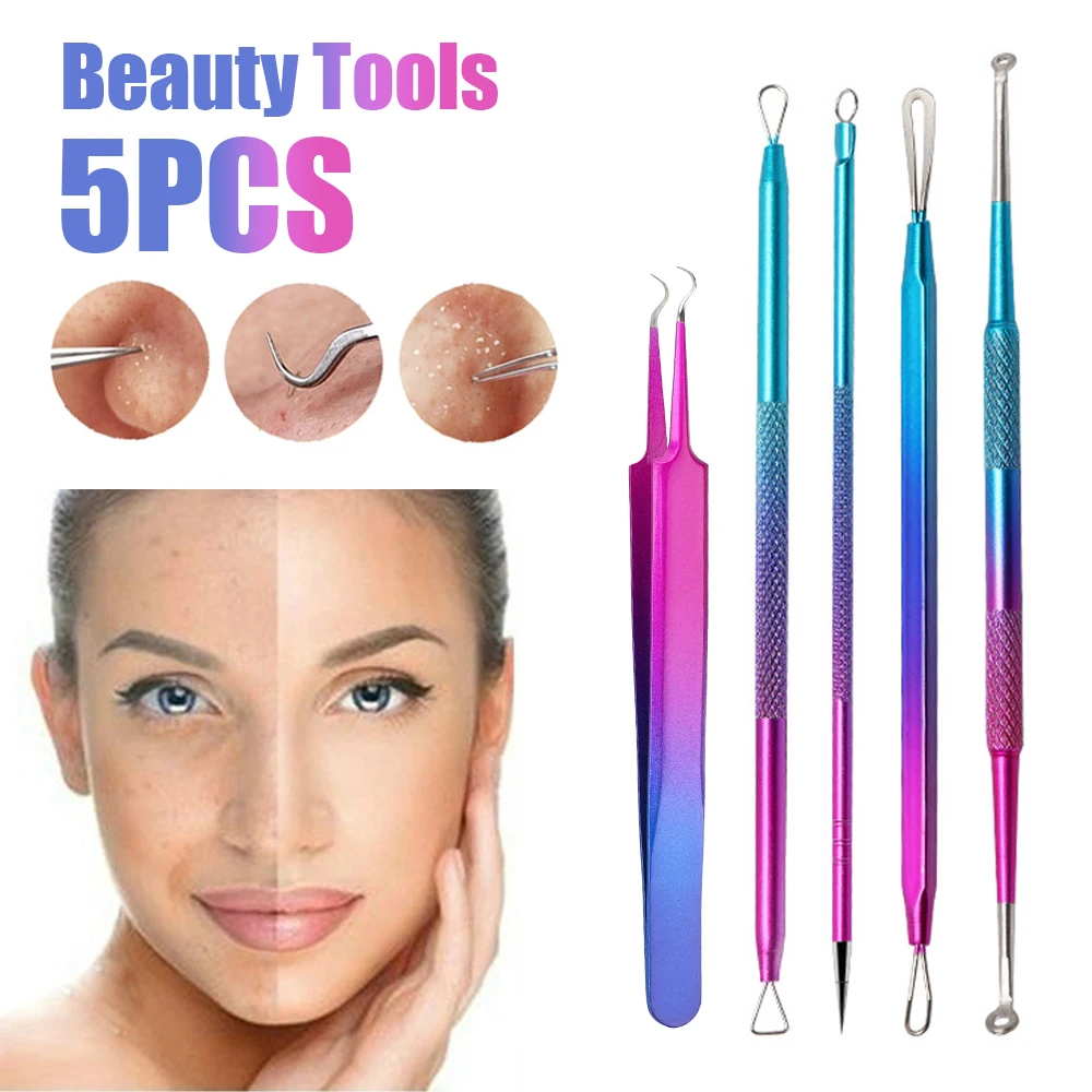 5Pcs Blackhead Acne Remover Tool Spoon Black Head Extractor Pore Cleanser Pimple Blemish Needle Crochet Hook Colorful | Красота и