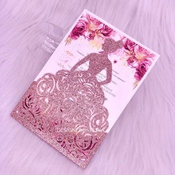 

Pink Gold Glitter Laser Cut Quinceanera Invitations Cards Sprinkle Bridal Shower Shower Invites Birthday Party Favor Cards 50pc
