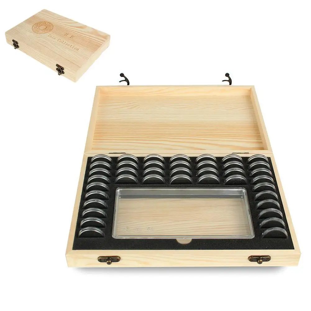 Wood Coin Case Coin Protection Capsules Holder Storage Box Container For Storing 40 Coins+100 Banknotes #W0 2