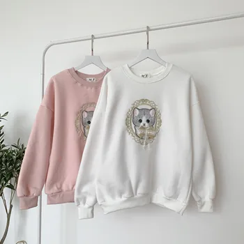 

Japanese college style Sweatershirt Hoodie autumn winter cute embroidered cat long sleeve round neck loose sweatershirt women