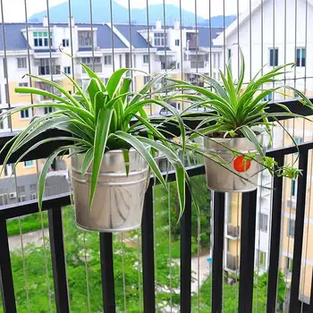 

8pcs Iron Bucket Planter Universal Garden With Hook Hanging Flower Pot For Railing Multipurpose Fence Home Decor Silver Balcony