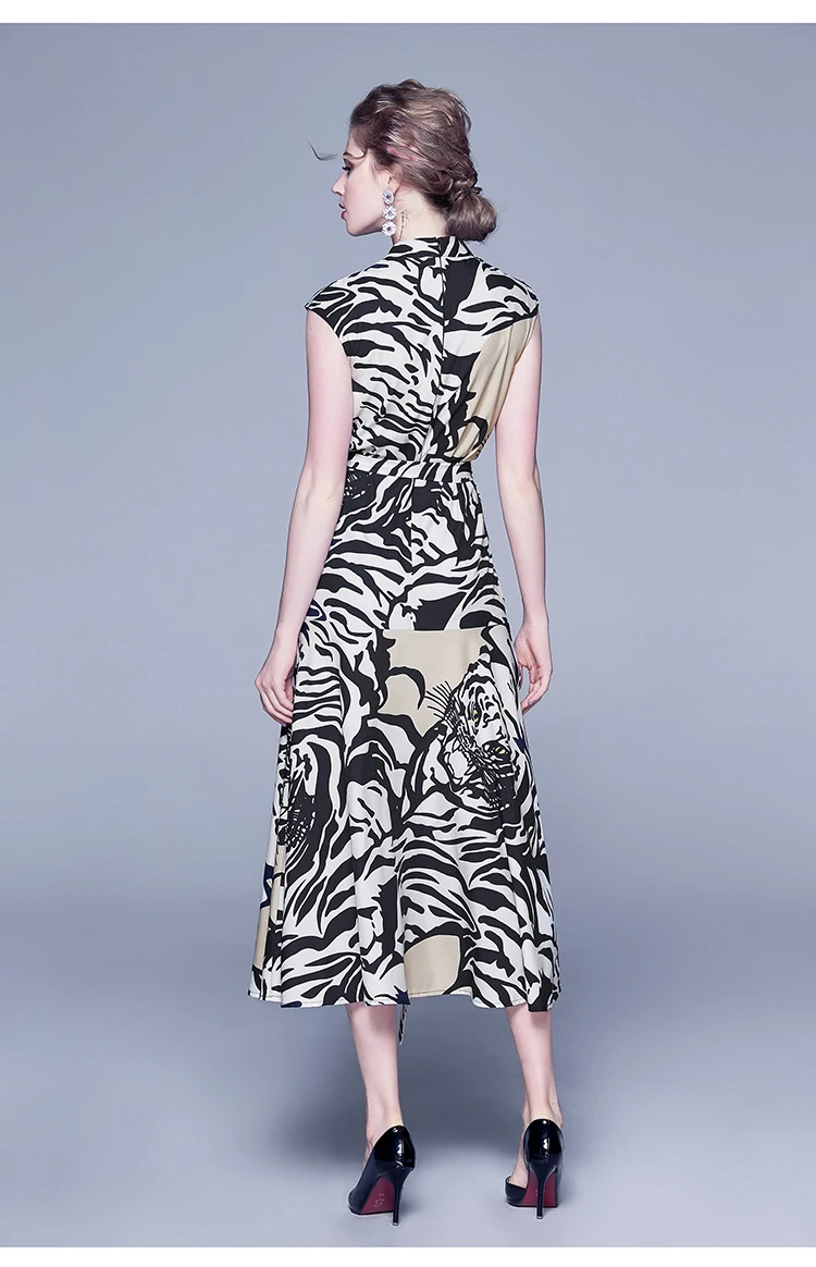 Trytree Summer Women Casual Dress Sleeveless Turtleneck Stripe Belt Dress Fashion Elegant A-line Office Lady Mid-Calf Dress