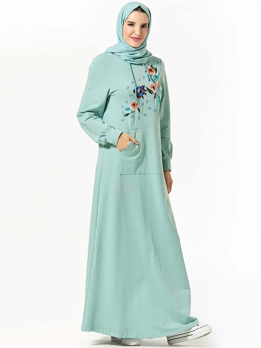 light green Новое мусульманское платье Дубай Мода Турция Мода вышитые с длинными рукавами арабское платье исламский Марокканский Ближний - Цвет: light green