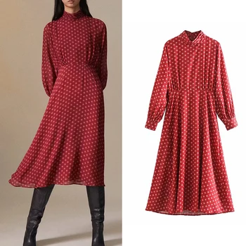 

Women dress za 2019 dot print draped turtleneck mid calf dress long sleeve chic red vintage A-line dresses female elegant mujer