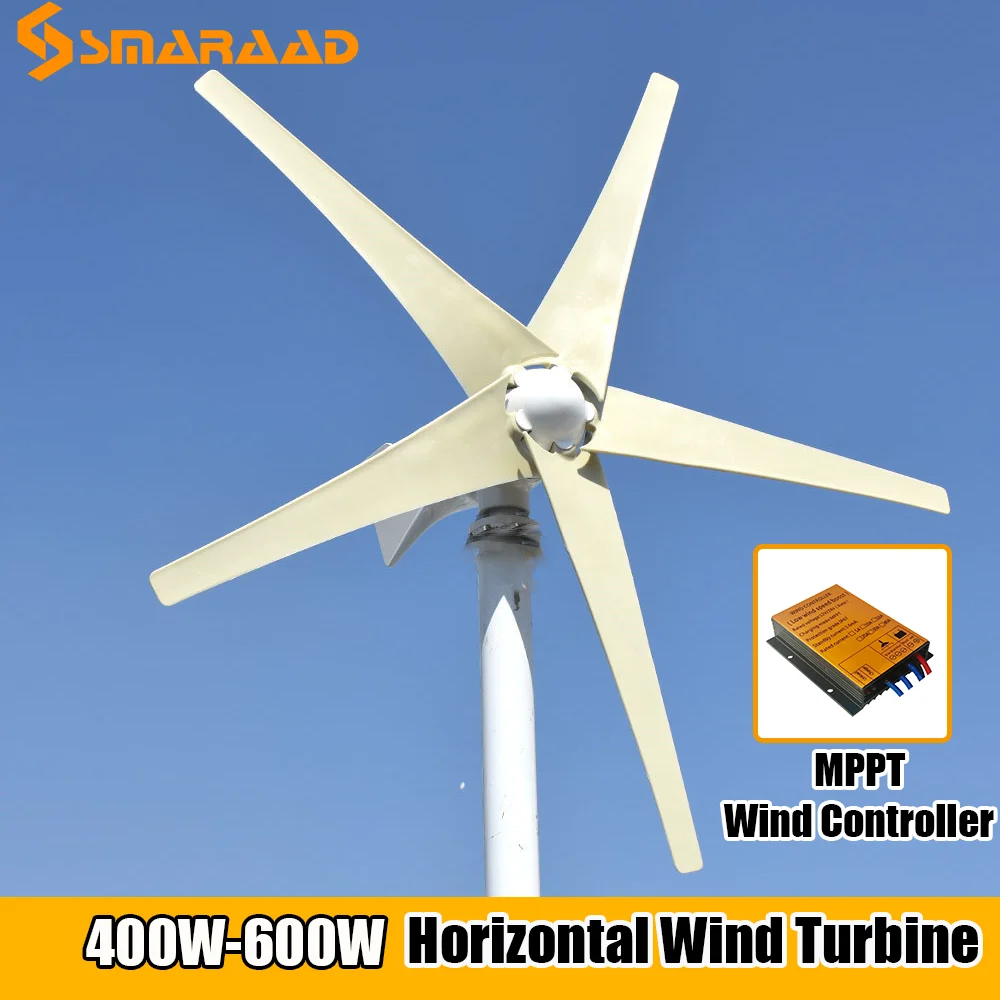 

2020 Hot Sale 600W Windmill 12V 24V New Energy 5 Blades Horizontal Wind Turbine Generator With MPPT Controller For Homeuse
