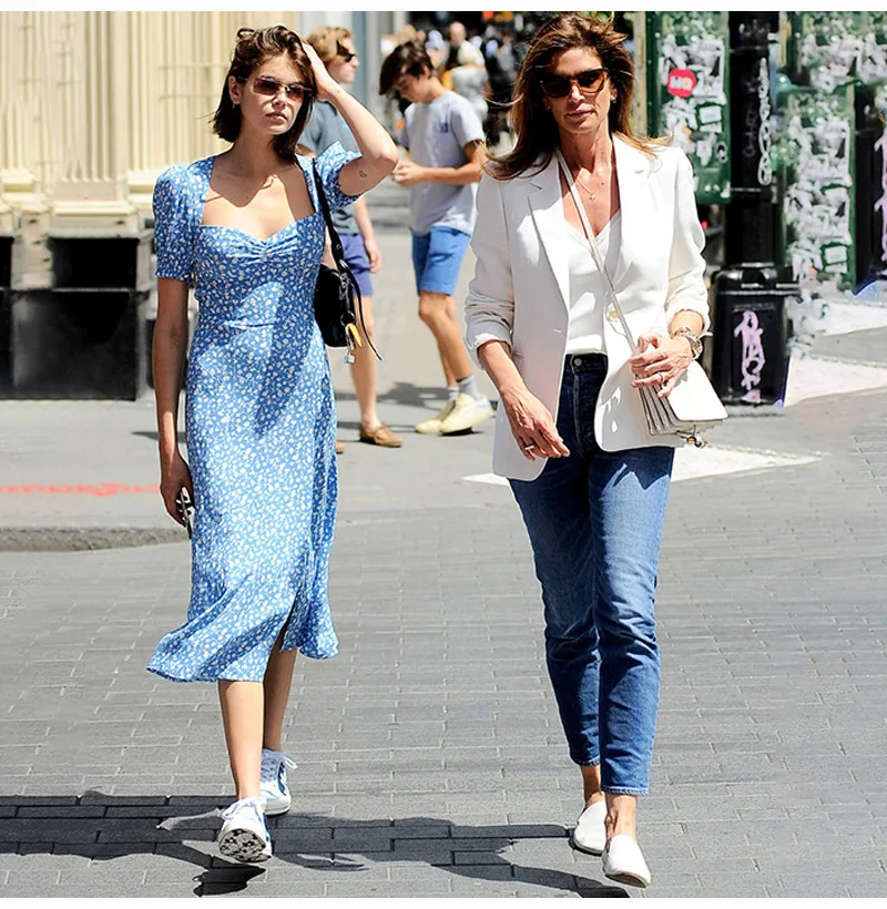 Women Casual Floral Print Midi Dress Square Collar Ruffle Puff Sleeve Slim Split Summer Dress French Romance Retro Dress Vestido