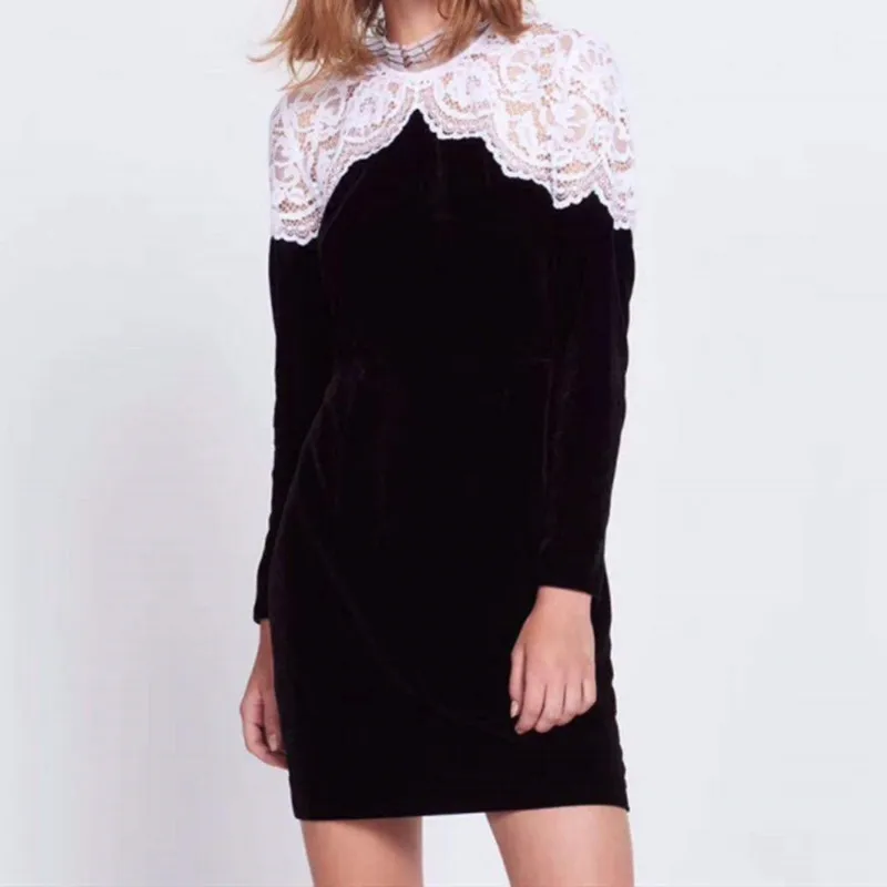 

Women Lace Patchwork Dress Hollow Out Stand Collar Long Sleeve Mini Dress
