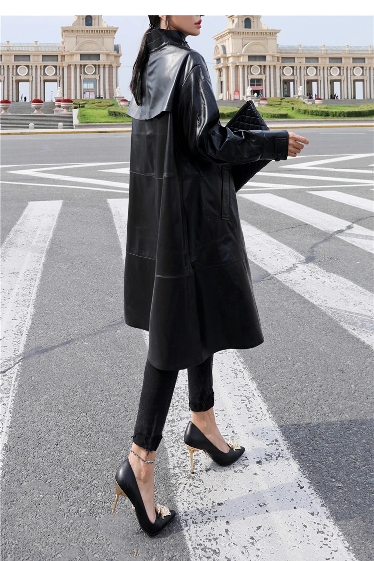 Пальто из натуральной кожи черного цвета с воротником-стойкой, однобортное длинное пальто для женщин, осенняя Повседневная Верхняя одежда