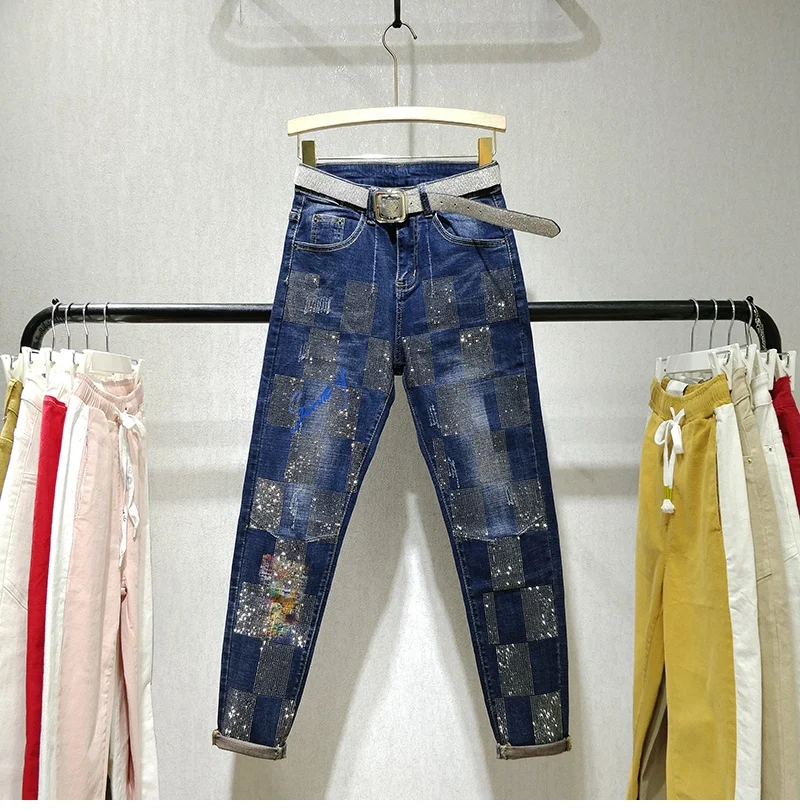 Plus Size Hot Drill Jeans Women's Fall New Pants Loose Slim Harun Pants Female Lady Streetwear Holes Diamond Jeans Trousers