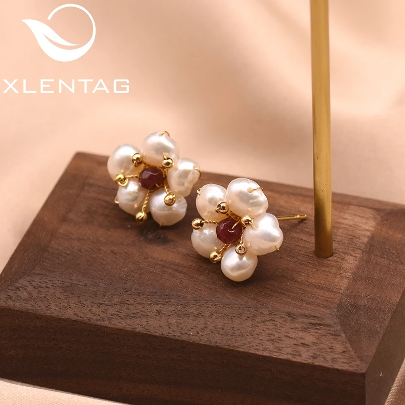 XlentAg Aesthetics Natural Baroque Pearls Flower Stud Earrings For Engagement Women Vintage Jewellery Girls Oorbellen GE0589 | Украшения и