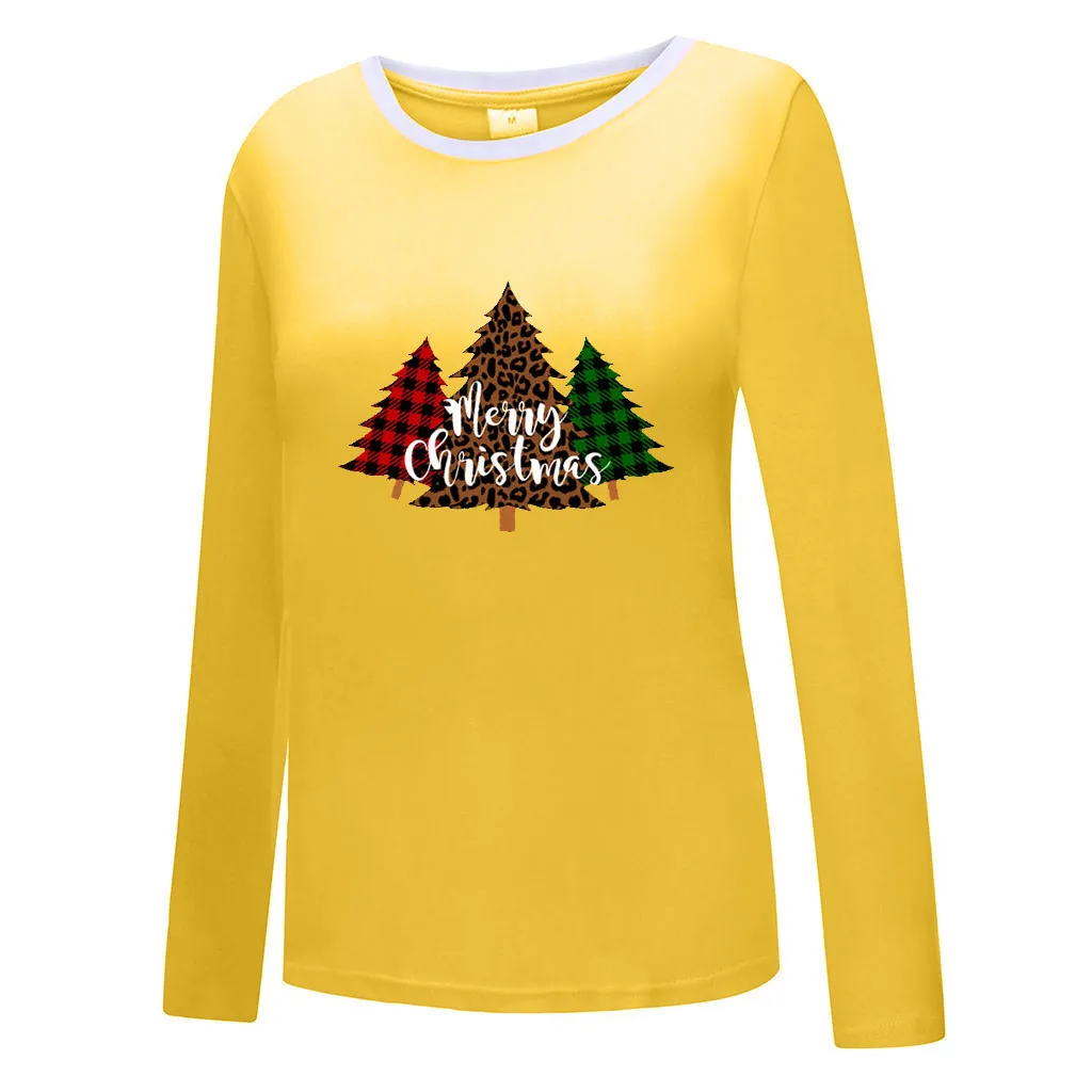 Женские футболки с принтом рождественской елки, топы, однотонный пуловер с принтом, топы, Рождественская одежда, повседневная футболка, топы, женские новые