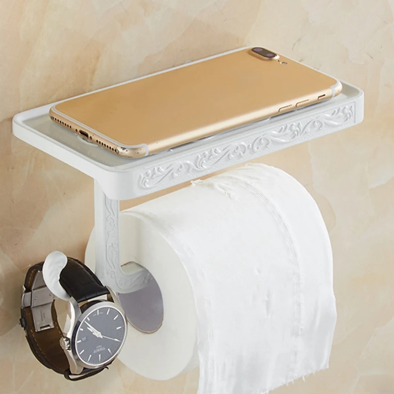 

Bathroom Shelves Antique Carving Toilet Roll Paper Rack with Phone Shelf Wall Mounted Bathroom Paper Holder Hook Useful