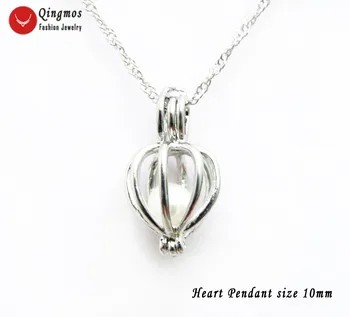 

Qingmos Wholesale 10X Heart Pendant Necklace for Women with Natural Round White Pearl & 17" Silver Plated Chokers Jewelry Who134
