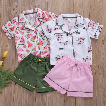 

Kids Boys Girls Pajama Sets Floral Printed Button Short Sleeve Shirt Top Bow Short Pants Toddler Baby Sleeping Pajamas Sleepwear