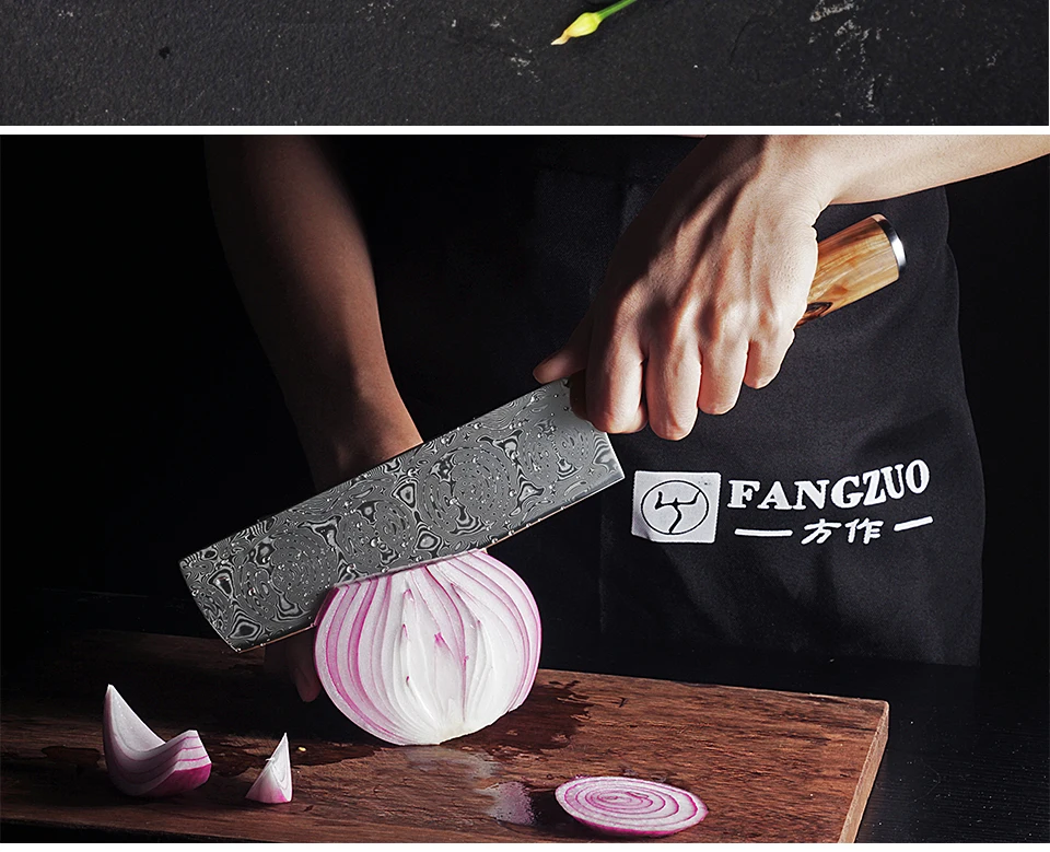 FANGZUO Кливер ножи Дамаска сталь 7 дюймов японский VG10 нож шеф-повара затвердевающий деревянной ручкой овощные ножи Лучшие ножи накири