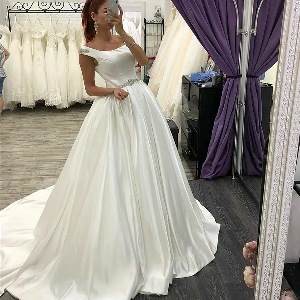 

Gorgeous White Ball Gown Wedding Dress Satin Sparkle Sashes Ivory Bridal Dresses Court Train African Women Custom Wedding Gowns