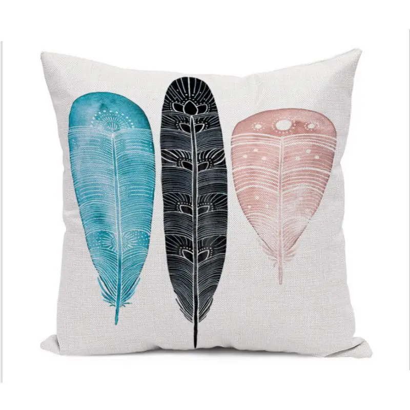 Pillow Case 45*45 Feather Flower Painting Linen Throw Pillowcases Simple Modern Cushion Office Back Cushion Core-less