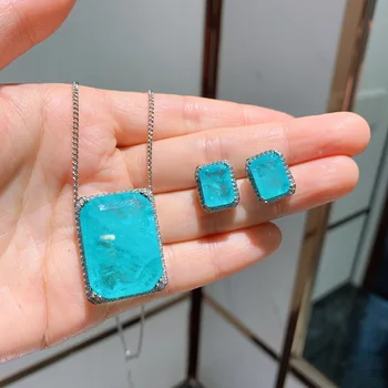 

Geometric Statement Blue Green Crystal Pendant Necklace Earrings Set for Women Simulation Paraiba Tourmaline Gemstone Jewelry