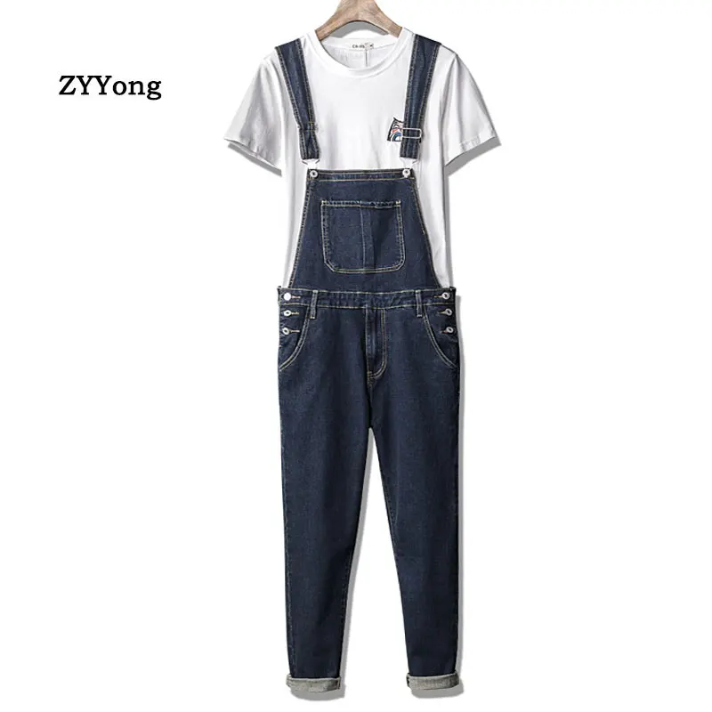 

Fahsion Man Jeans Bib Overalls Multi-Pocket Streetwear Hip Hop Denim Jumpsuits Trousers Dark Blue Large Size Freight Pants