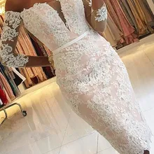 Выпускное Платье До Колена Русалка без бретелек предложение плечо 3/4 рукав Иллюзия пуговицы сзади Кружева Аппликации встречи выпускников