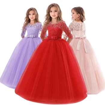 

Retro Kids Dresses For Girls Lace Flower Princess Party Night Dress Children Wedding Evening Clothing 6-14 Years Girls Dress