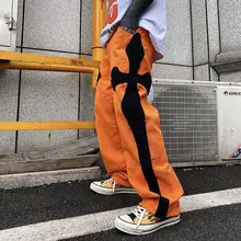 

High Street Embroidered Cross Jeans Mens Straight Pants Hip Hop Harem Pants Male Joggers SweatpantsFashion Loose Wide Leg Denim