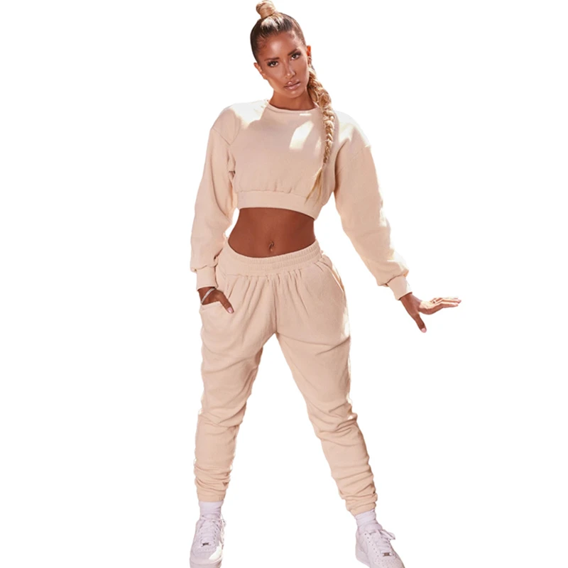 

New Arrival Solid Color Crop Top and Pants Two Piece Set