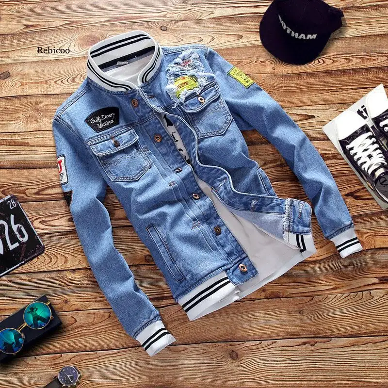 

Men's Denim Jackets Fashion Male Trendy Ripped Denim Bomber Coats Mens Casual Windbreaker Cowboy Jeans Jackets Clothing