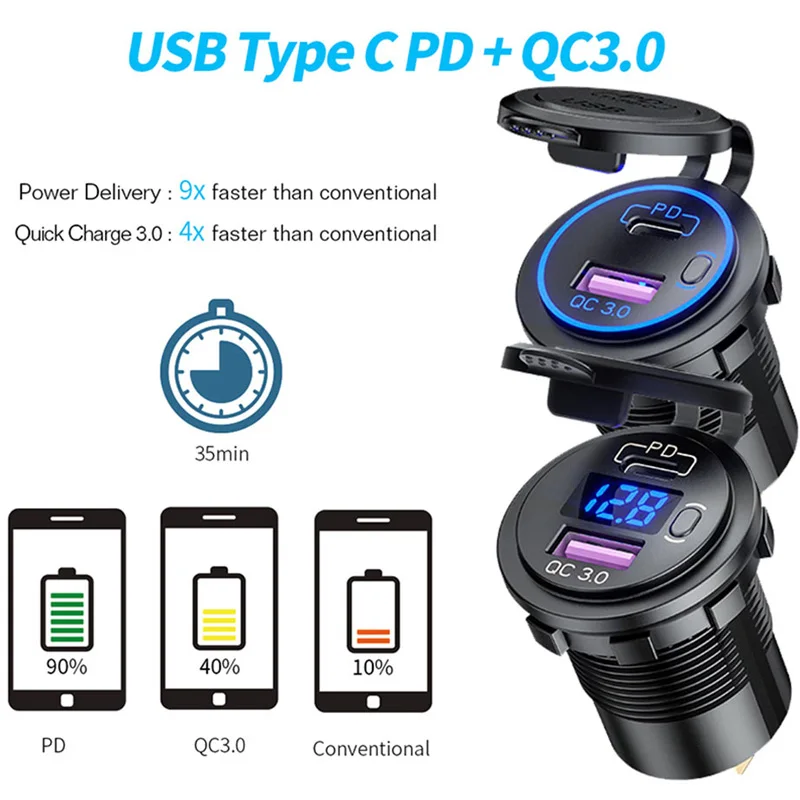 12V-24V ڵ    USB/PD QC3.0 ڵ  LED  ÷ USB-C  ON-OFF ġ 